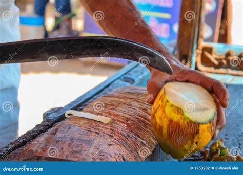Coconut Cutting Weaponcoconut Seller Close Up Of Man Cutting A