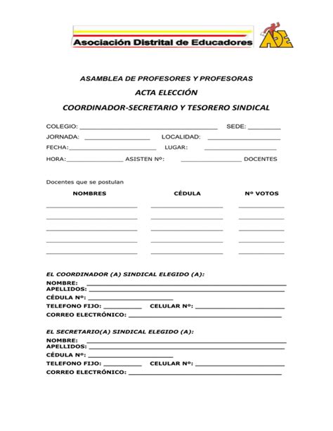 Acta Elección Coordinador Secretario Y Tesorero Sindical