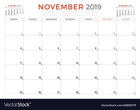 November 2019 Calendar Planner Stationery Design Vector Image
