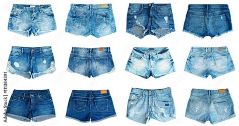 Collection Of Different Jeans Shorts On A White Background Front And