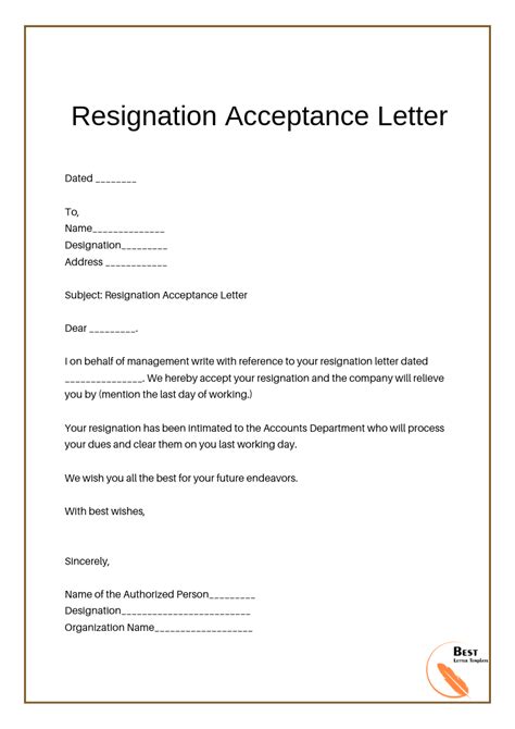 This letter certifies that insert name is employed at insert company name and holds the position of insert position. Acceptance Of Resignation Letter Example - Sample Resignation Letter
