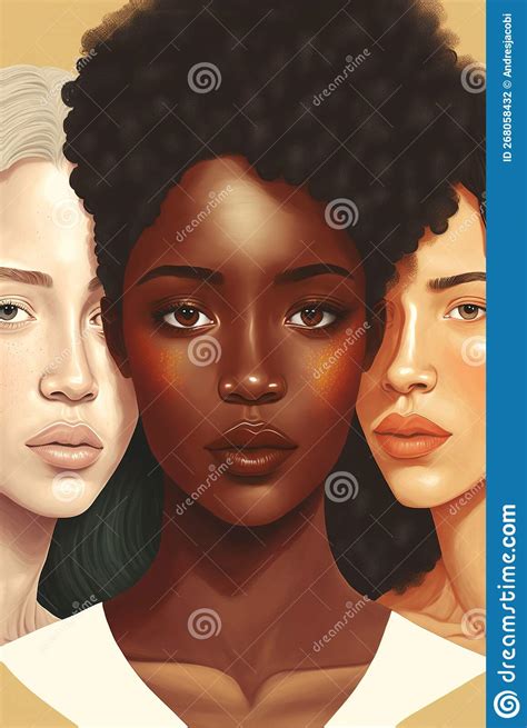 Multiracial Women Faces Close Up Portrait Realistic Illustration Representing Sisterhood And