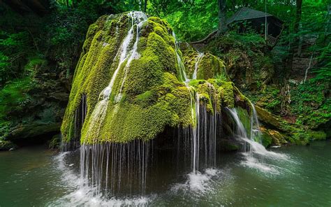 Waterfall Forest Moss Stone River Bigar Romania Hd Wallpaper