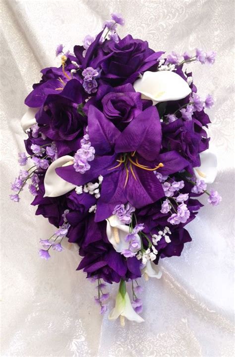 purple ~ cascade bridal bouquet ~ roses calla tiger lilies silk wedding flowers ebay in 2022