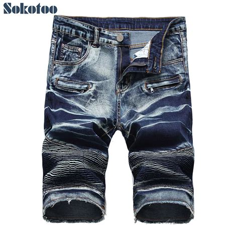 men s slim straight biker shorts for motorcycle tie and dyed pleated slim straight stretch denim