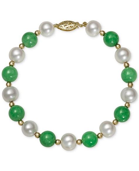 Macys 14k Gold Bracelet Cultured Freshwater Pearl And Jade And Reviews