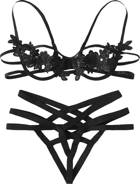 shein women s cut out harness detail lace appliques underwire wireless lingerie set