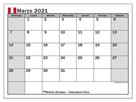 Calendarios Marzo 2021 “días Feriados” Michel Zbinden Es