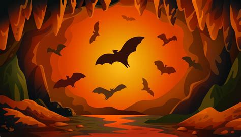Cave With Bats On Sunset Panoramic Vector Landscape With Flying Bats