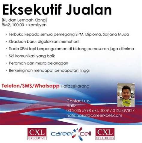 Terbuka kepada semua calon dari negeri malaysia kami mencari calon lelaki dan wanita yang berminat dan komited sedia bekerja segera sebagai operator pengeluaran kilang produk e. SALES REPRESENTATIVE JOB OFFERED from Kuala Lumpur ...