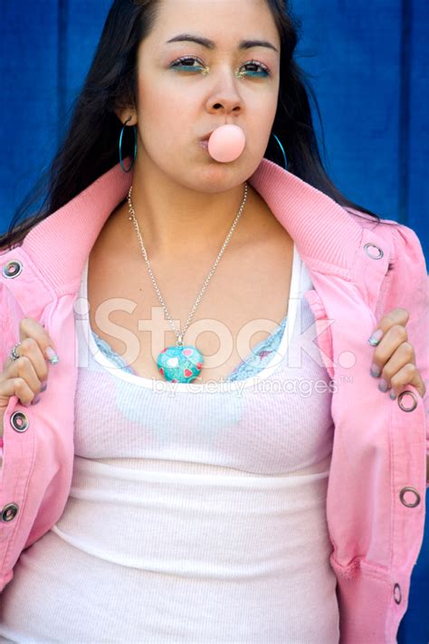 Beautiful Young Adult Woman Blowing Bubble Gum Stock Photo Royalty