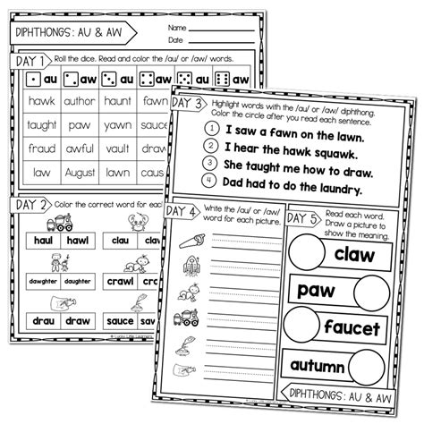 2nd Grade Phonics Worksheets Diphthongs Au And Aw Lucky Little Learners