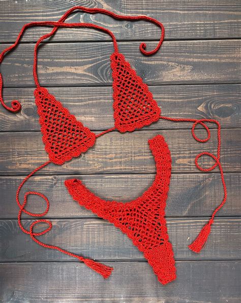 Red Crochet Extreme Micro Bikini Set See Thru Sheer Bikini Etsy Uk My