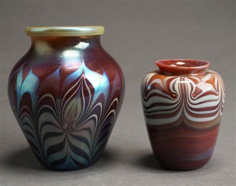 Lot Orient And Flume Iridescent Glass Vase And A Jeff Howell Marbleized Glass Vase Each Signed