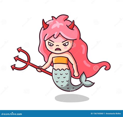 Angry Furious Mermaid With Devil Horns And Trident Kawaii Cartoon