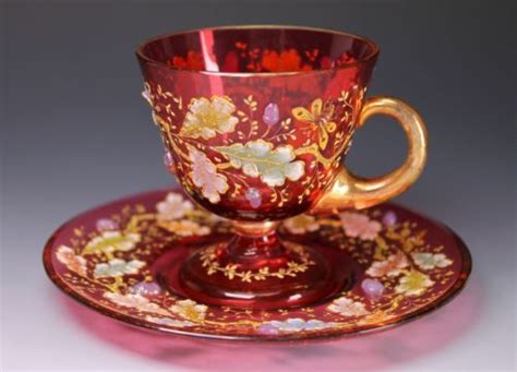 Rare Antique Moser Cranberry Glass Footed Cup And Saucer Acorn And Oak Leaf In 2022 Glass Tea