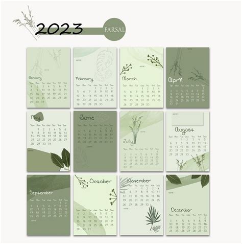 2022 2023 Monthly Calendar Printable Green Monthly Etsy Green