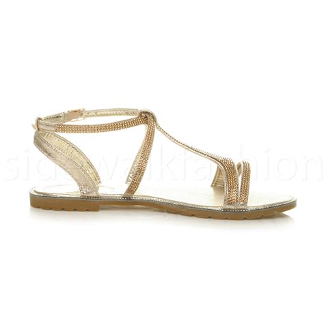 Womens Ladies Flat Embellished Diamante Sparkly Strappy T Bar Sandals