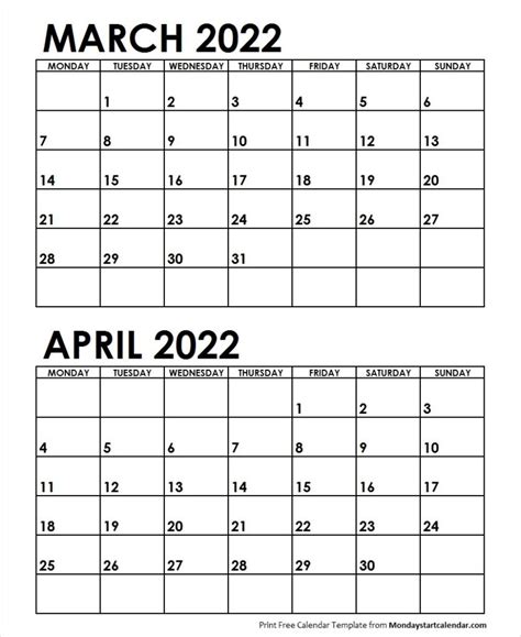2022 Calendar Printable Start Monday Template Calendar Design