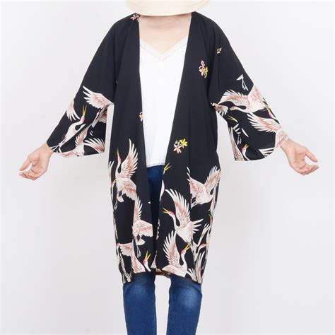 Black Crane Kimono Kimono With Sleevesummer Cover Upholiday Etsy