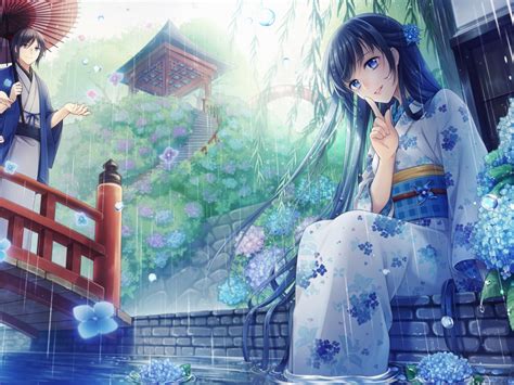 Download 1024x768 Wallpaper Rain Enjoying Anime Girl Original