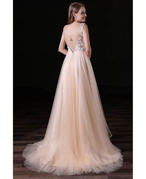 A Line V Neck Sweep Train Tulle Prom Dress With Lace A014 108 99