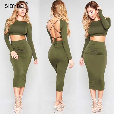 Sibybo Women Winter Dress 2017 Long Sleeve Two Piece Outfits Backless Cotton Sexy Club Wear
