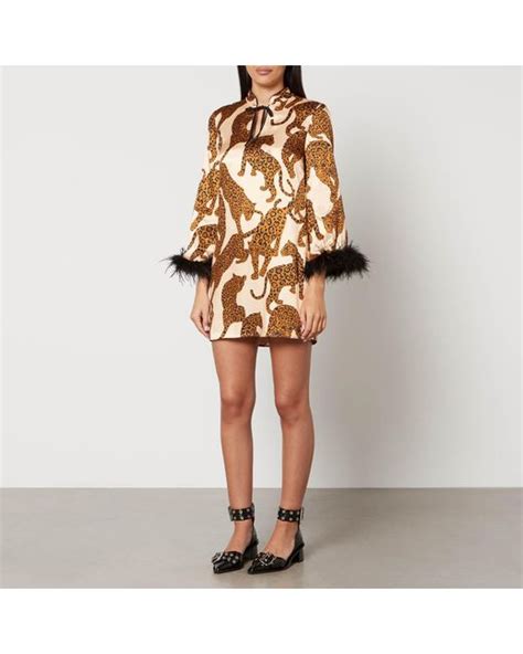 Kitri Carlotta Feather Trimmed Leopard Print Satin Mini Dress In Brown