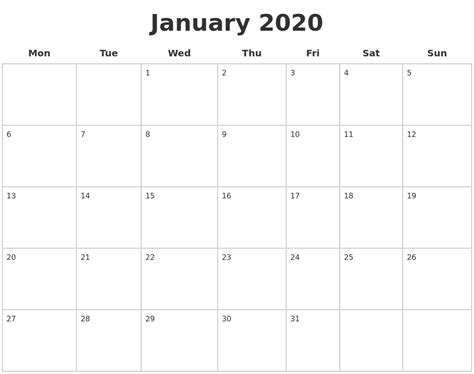 January 2020 Blank Calendar Pages