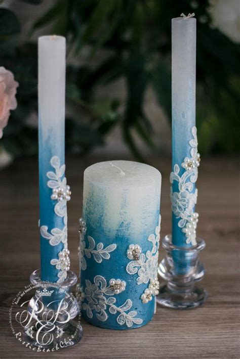 Wedding Pillar Candles Airy Blue And White Unity Candles Rustic Chic