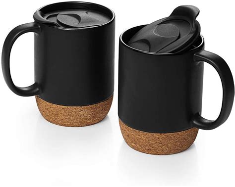 dowan coffee mugs set of 2 15 oz ceramic mug with insulated cork bottom and splash proof lid