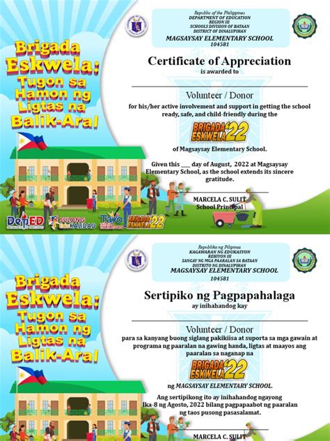 Brigada Eskwela Certificate Of Participation And Plede Of Commitment