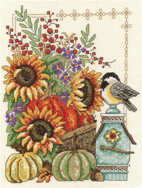 Sunflowers, pomegranate, pumpkin, and fall foliage form a beautiful image to color for slimline or standard cards. "Fall Basket" | Cross Stitch Pattern
