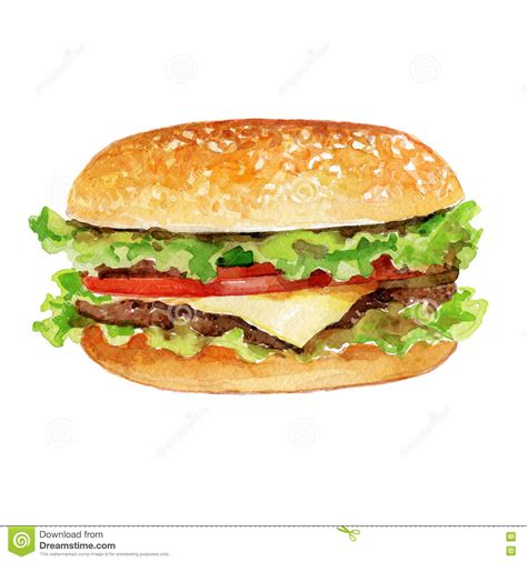 Watercolor Burger With Vegetable Background Beef Hamburger With Steak