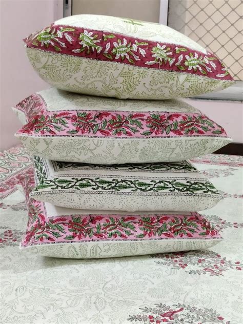 khushi handicraft floral hand block printed cotton cushion cover for home size 16 x 16 inch