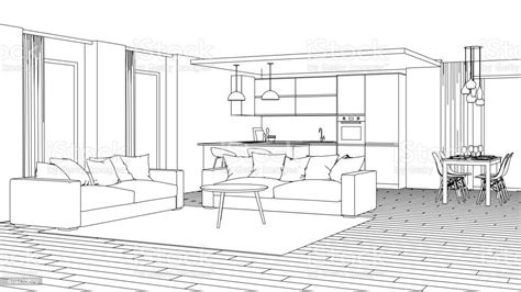 Modern House Interior Design Project Sketch 3d Rendering Stock Photo