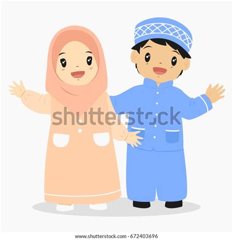 Happy Muslim Boy Girl Waving Their Stock Vector Royalty Free 672403696
