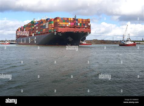 Three Tugs Assist The Ultra Large Uasc Container Ship Sajir Departing