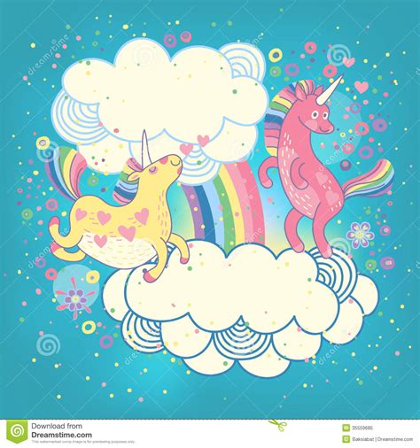 Card With A Cute Unicorns Rainbow In The Clouds Stock Vector