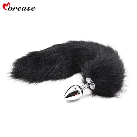 Morease Stainless Steel Butt Plug Black Fox Tail Anal Plug Smooth Fur Sex Toys For Women Adult
