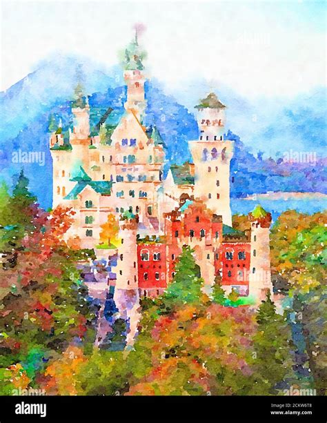 Original Watercolor Painting Of Famous Neuschwanstein Castle In Bavaria