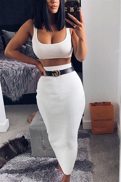 Solid Crop Top Pencil Skirt Set Pencil Skirt White High Waisted