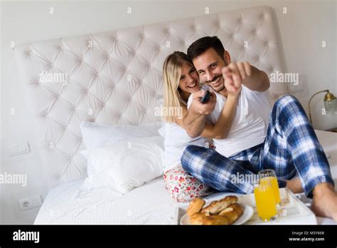 Young Couple Having Having Romantic Times In Bedroom Stock Photo Alamy