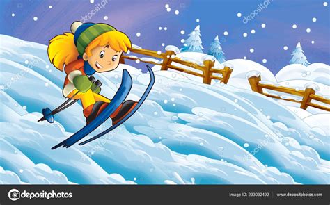 Cartoon Winter Nature Scene Happy Child Girl Skiing Illustration