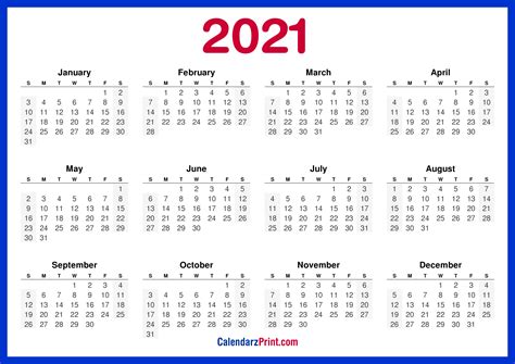 2021 Calendar Printable Free Horizontal Hd Red Calendarzprint