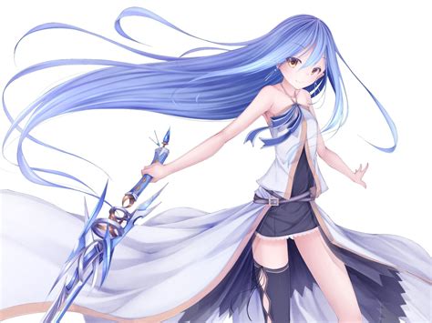 Anime Anime Girls Blue Hair Long Hair Original Characters Sword