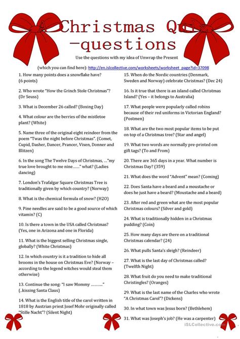 These printable quizzes with separate questions and answers are free, quick and easy to print, which means they make ideal, readymade pub quiz questions with answers. A Christmas Quiz Questions - English ESL Worksheets for ...