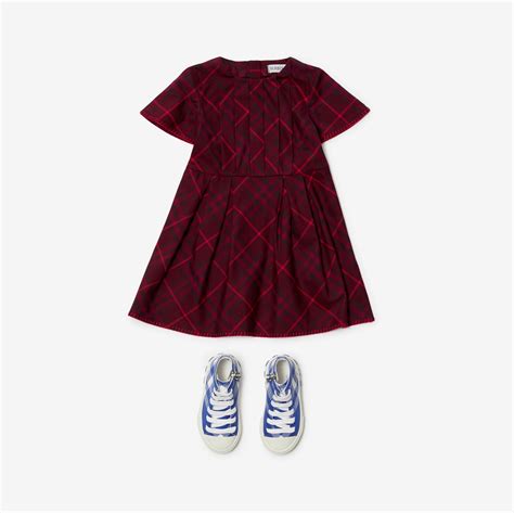 pleated check cotton dress in claret burberry® official