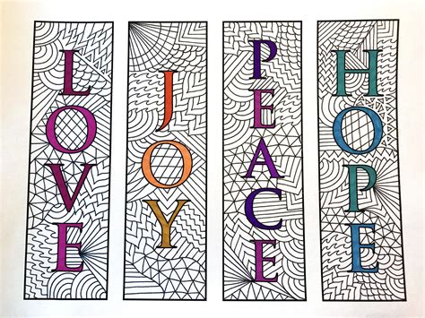 Love Joy Peace Hope Bookmarks Pdf Zentangle Coloring Page