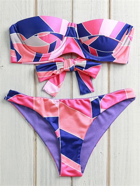 [24 off] 2021 geometric print gathered bikini set in pink zaful